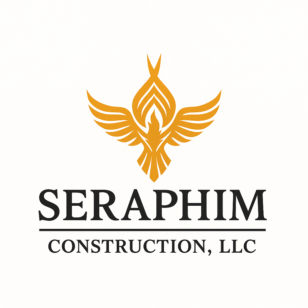 Seraphim Construction, LLC logo: a gold winged emblem above the bold 'SERAPHIM' with a line and 'CONSTRUCTION, LLC' beneath.