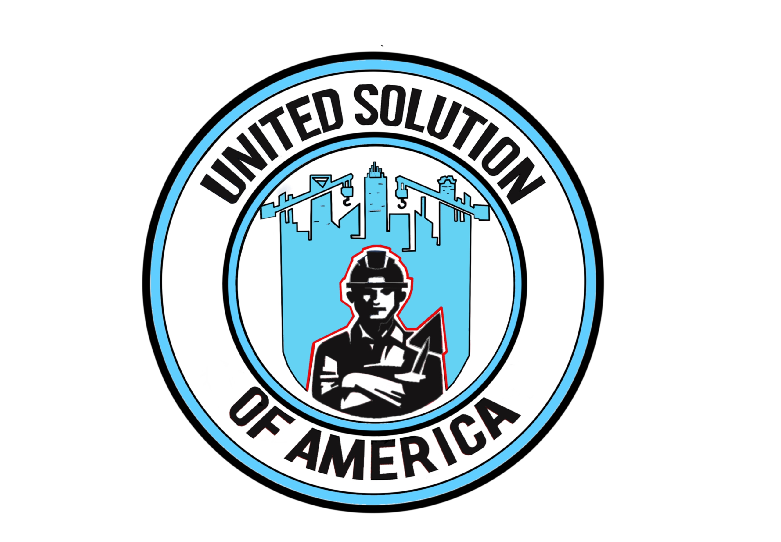Circular logo: UNITED SOLUTION OF AMERICA with a city skyline and a helmeted worker in the center.
