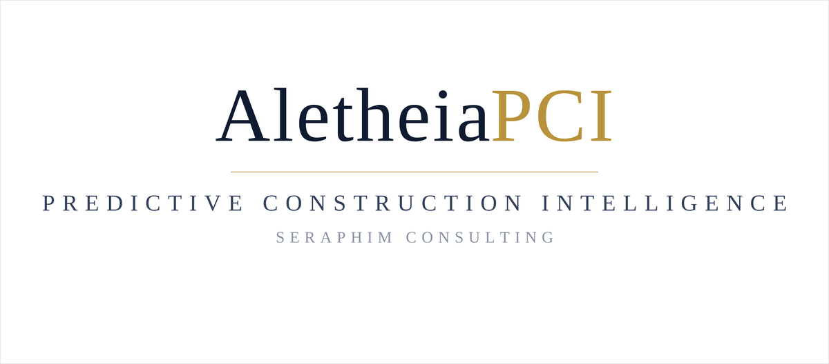 AletheiPCI logo: gold 'PCI' letters with a thin line beneath, and the tagline 'Predictive Construction Intelligence' with 'Seraphim Consulting' text below.