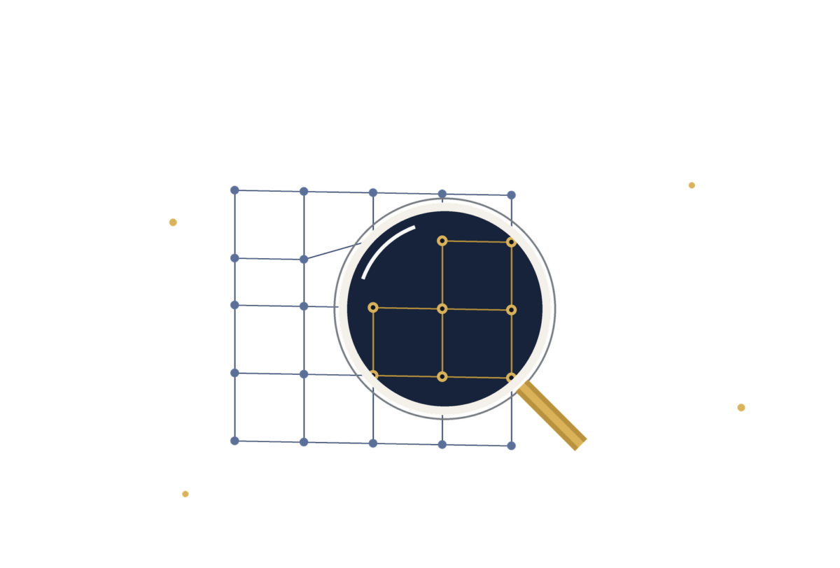 Magnifying glass over a blue dotted grid with connected nodes, symbolizing data analysis.