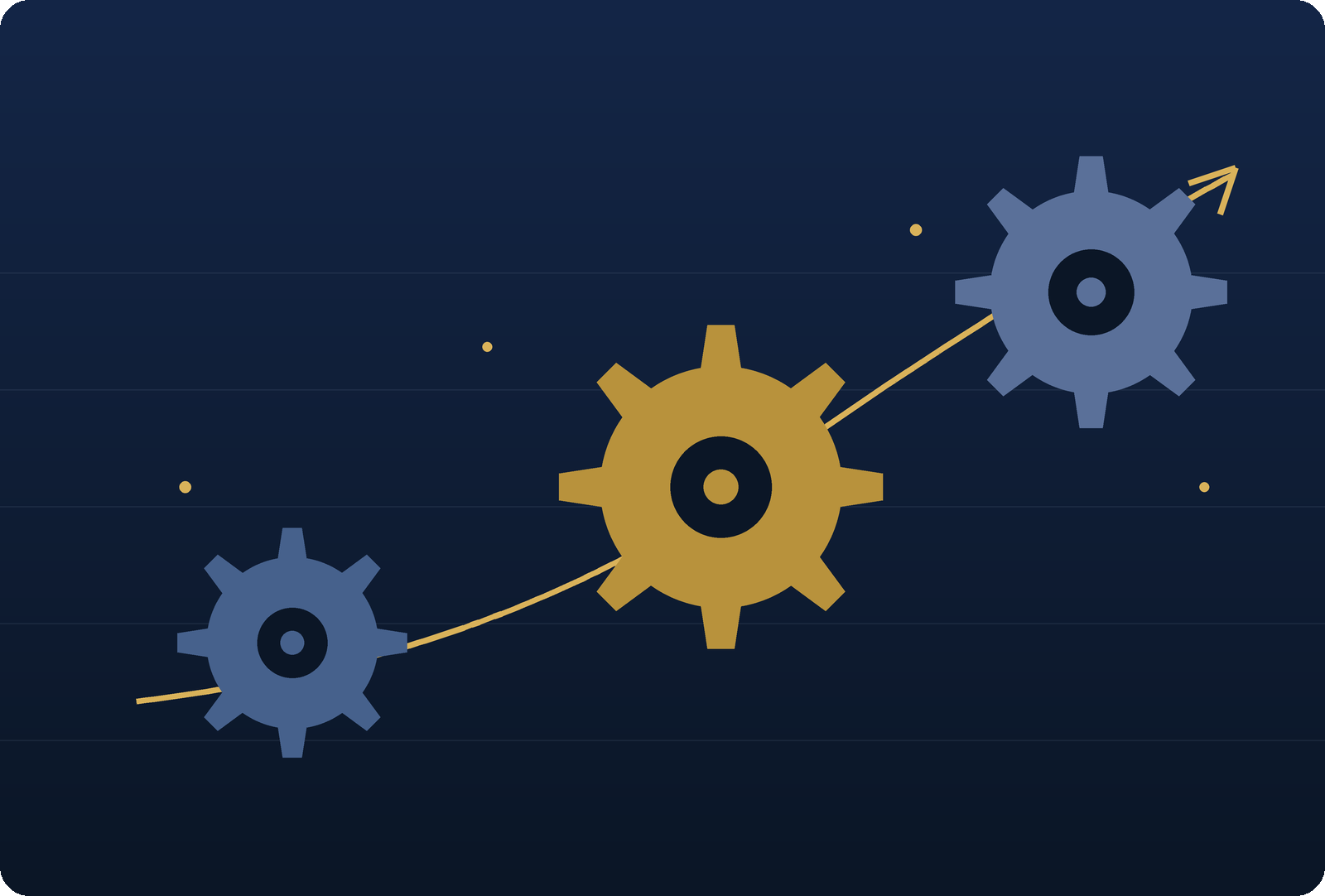 Three gears (gold and blue) connected by a line across a dark gradient background, symbolizing collaboration.
