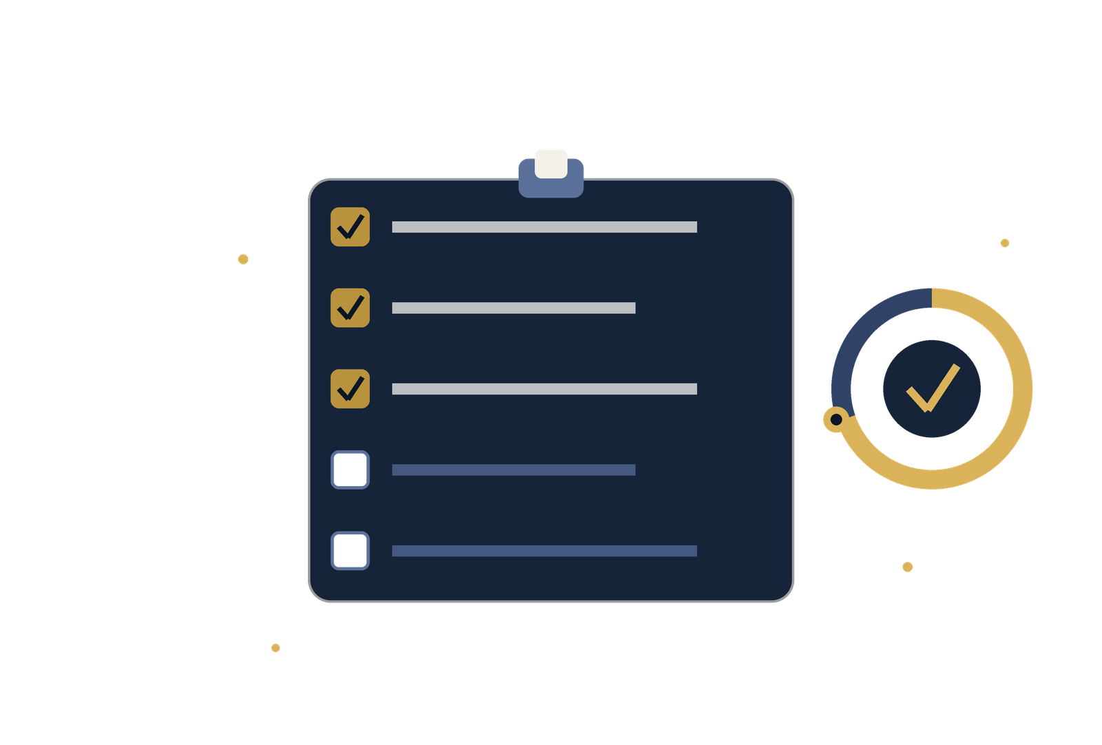 Dark blue clipboard with a five-item checklist; three checked items on left with gold squares, two unchecked items on the right; a circular gold-blue badge with a checkmark to the side.