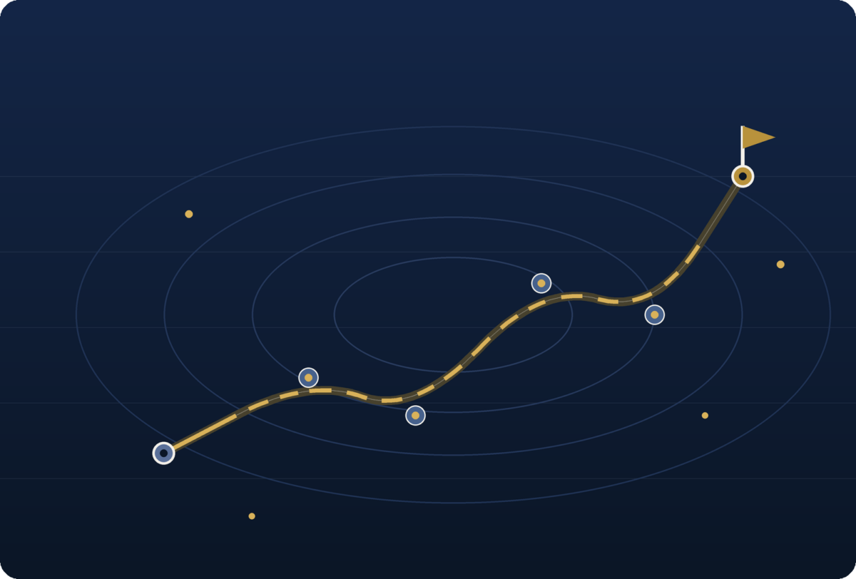 Curved dashed gold path with circular checkpoints on a navy background ending at a finish flag.